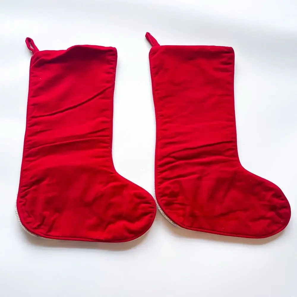 Vintage Needlepoint Christmas Stockings Skiing Santa Set of Two